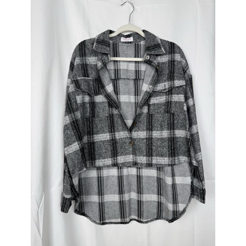 Butter Melon Womens Plaid High Low Button Up LARGE Gray Black Flannel Shacket